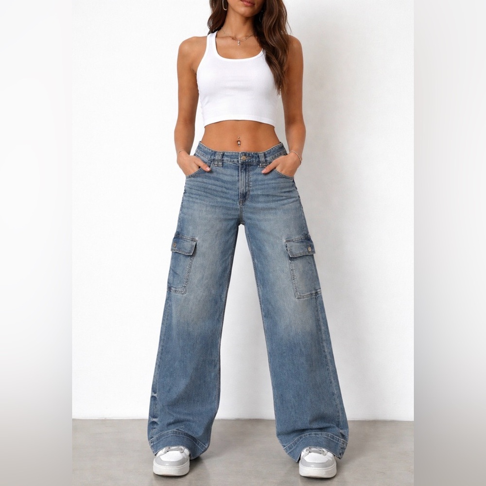 American Eagle Women Super High Rise Baggy Wide Leg Cargo Blue Jeans Size 12 EUC - Picture 11 of 11